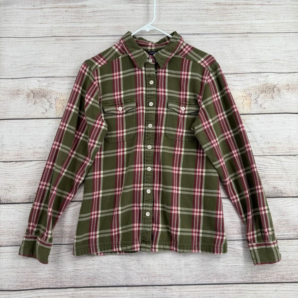 Patagonia Flannel Shirt Womens 12 Green Pink Plaid Organic Cotton Button Up